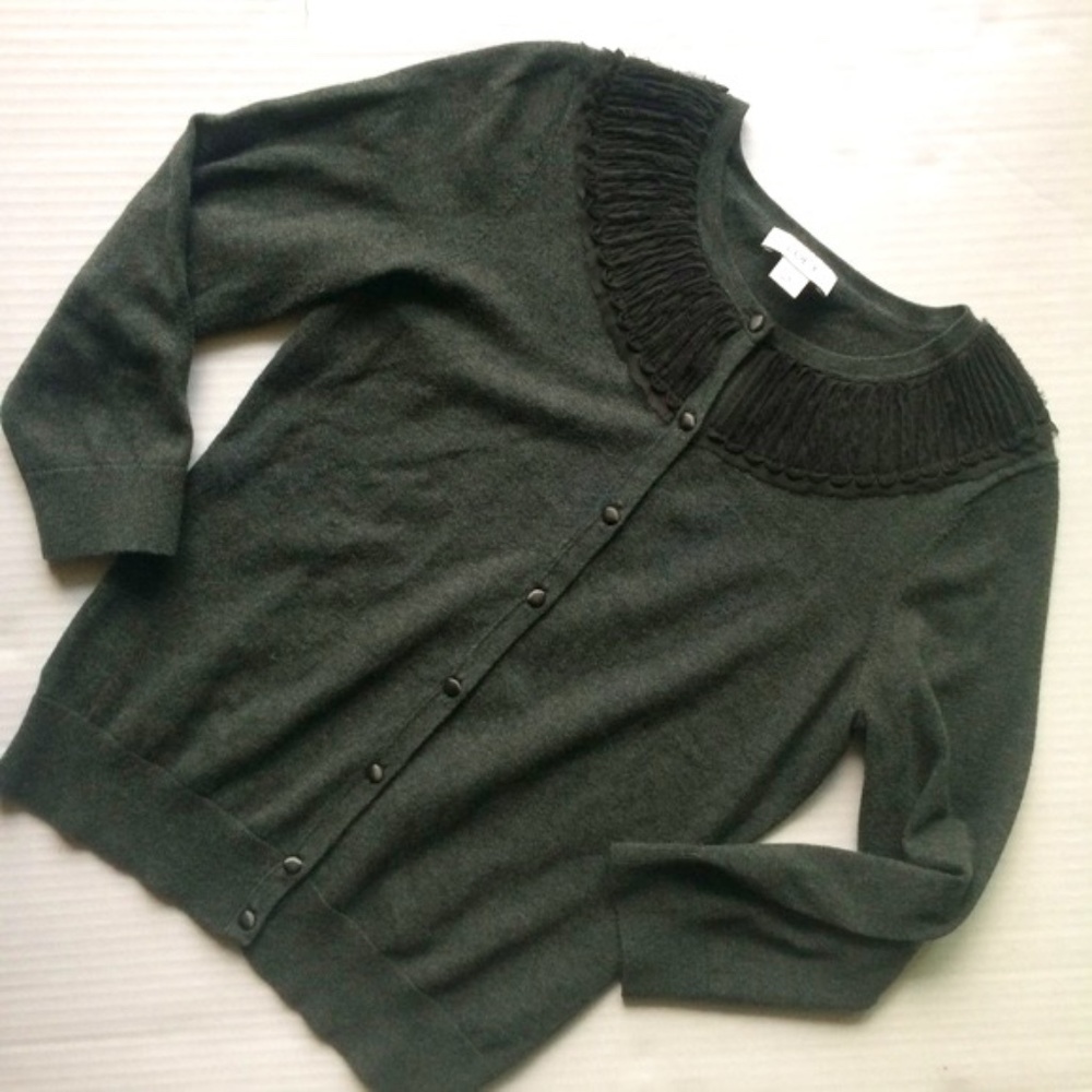 LOFT Gray Cardigan with Lace Ruffle Collar Detail